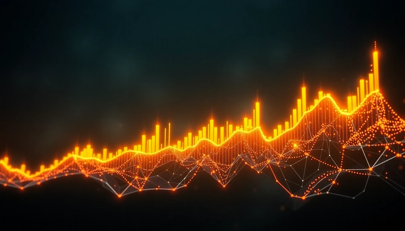 Dramatische Visualisierung von Digital Assets-Preis-Charts mit aufsteigenden Candlesticks und leuchtenden Datenströmen eines KI-Algorithmus.